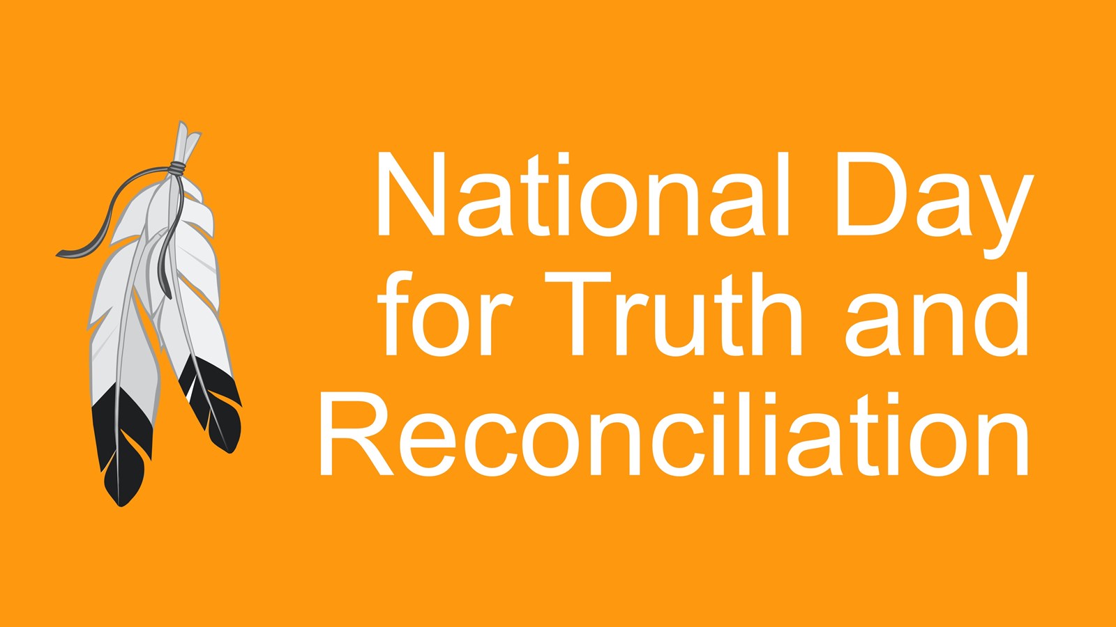 Graphic with white text on an orange background that reads "National Day for Truth and Reconciliation" accompanied by an illustration of two eagle feathers.